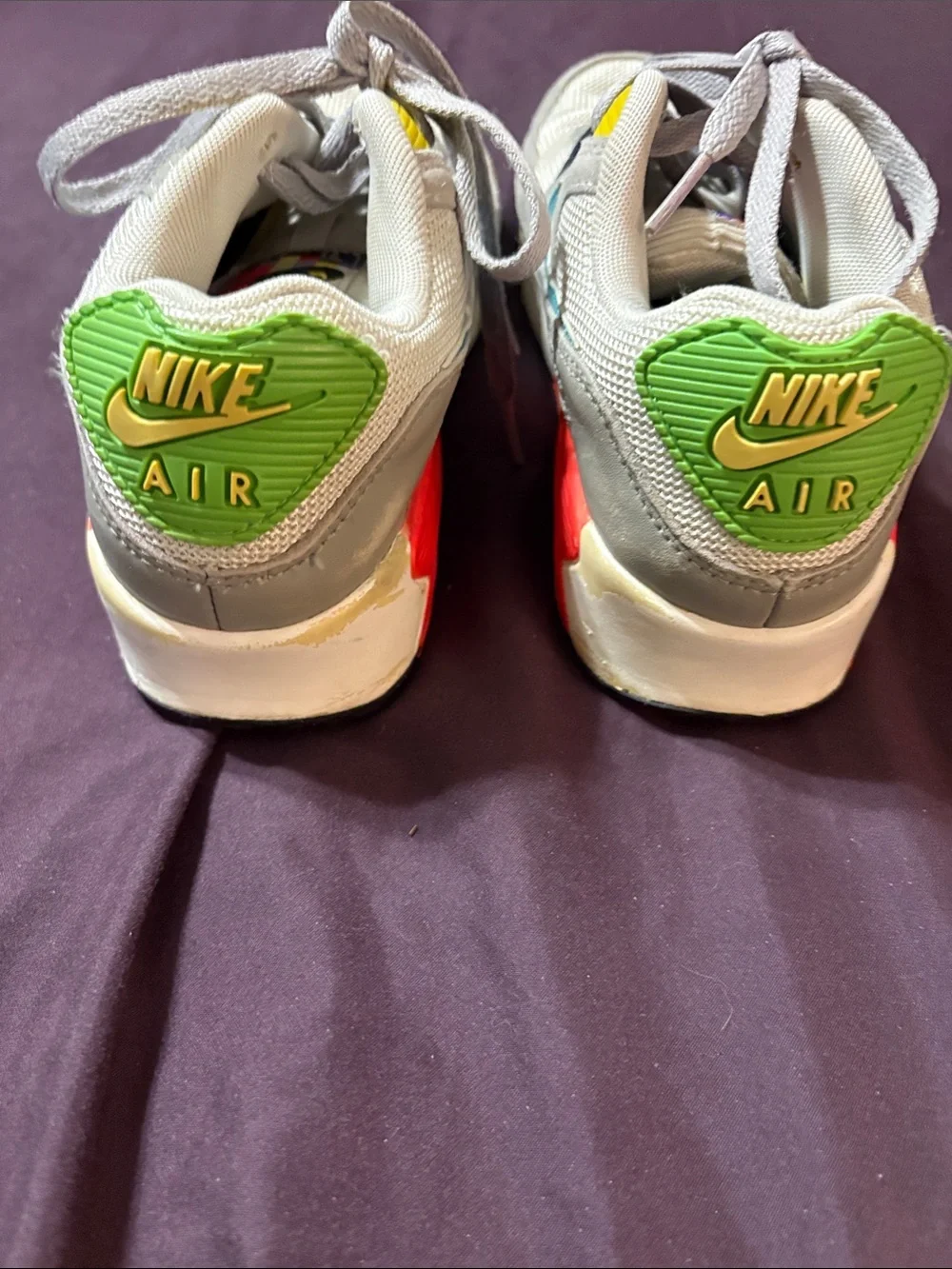 Nike Air Max 90s Kids Gray Sneakers with Teal, Neon Green & Red Accents size 5